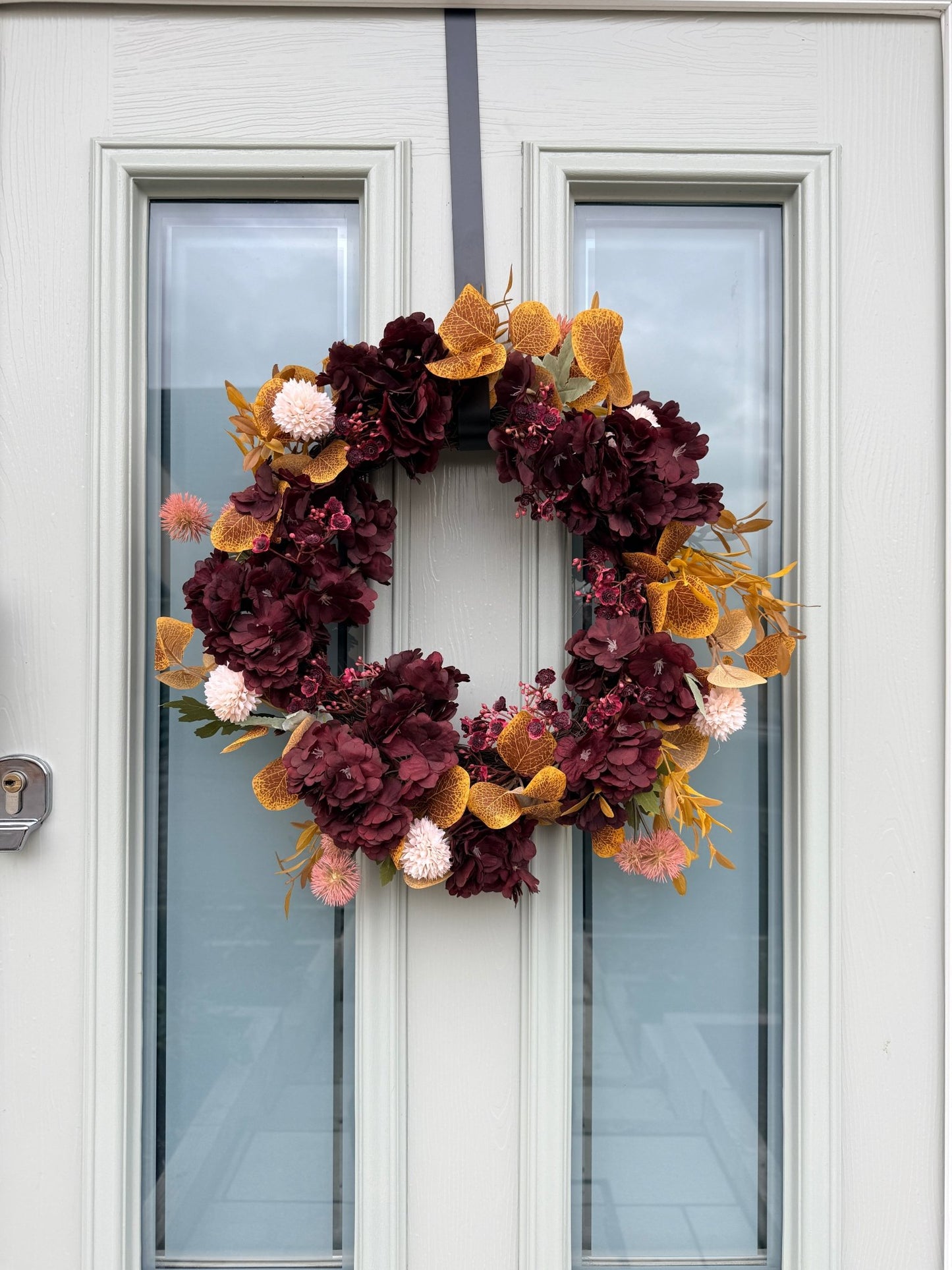 Autumn Burgundy & Mustard Floral Door Wreath | Handmade Front Door Decoration | Fall Hydrangea Wreath | Rustic Home Decor - NalaWillowCo