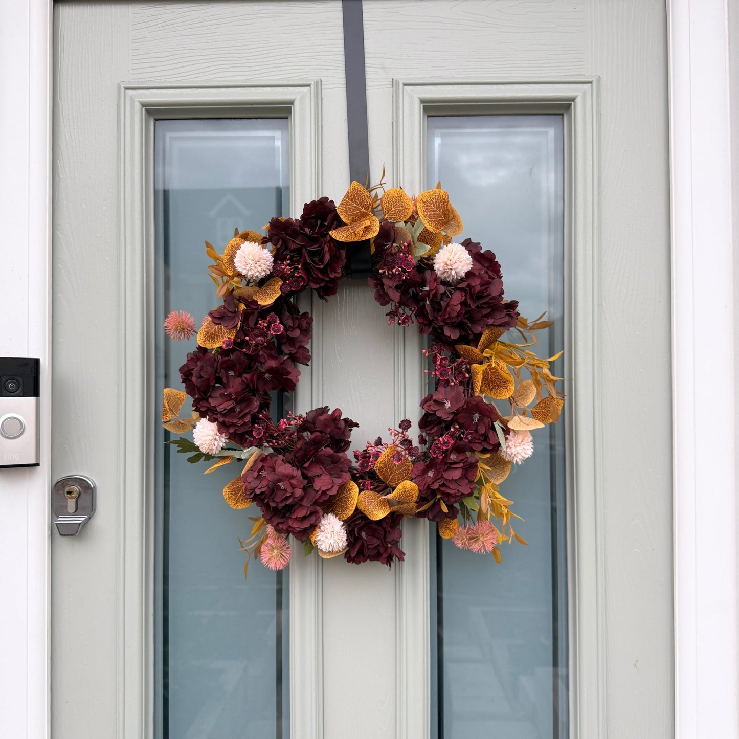 Autumn Burgundy & Mustard Floral Door Wreath | Handmade Front Door Decoration | Fall Hydrangea Wreath | Rustic Home Decor - NalaWillowCo
