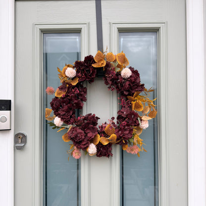 Autumn Burgundy & Mustard Floral Door Wreath | Handmade Front Door Decoration | Fall Hydrangea Wreath | Rustic Home Decor - NalaWillowCo