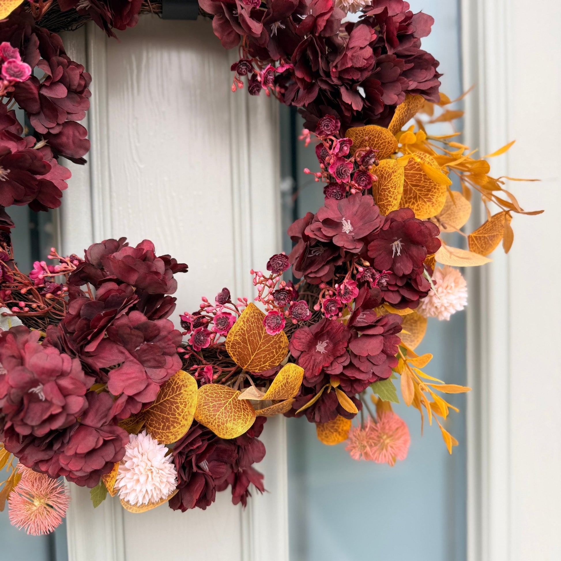 Autumn Burgundy & Mustard Floral Door Wreath | Handmade Front Door Decoration | Fall Hydrangea Wreath | Rustic Home Decor - NalaWillowCo