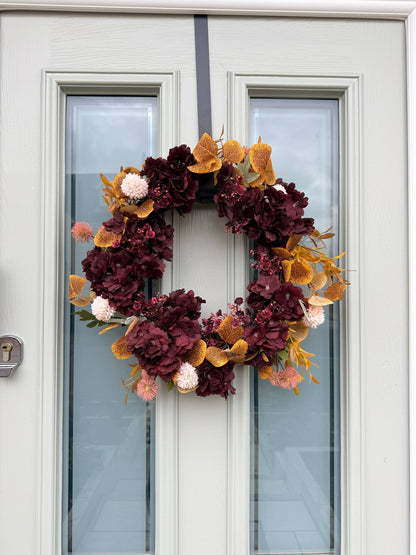 Autumn Burgundy & Mustard Floral Door Wreath | Handmade Front Door Decoration | Fall Hydrangea Wreath | Rustic Home Decor - NalaWillowCo