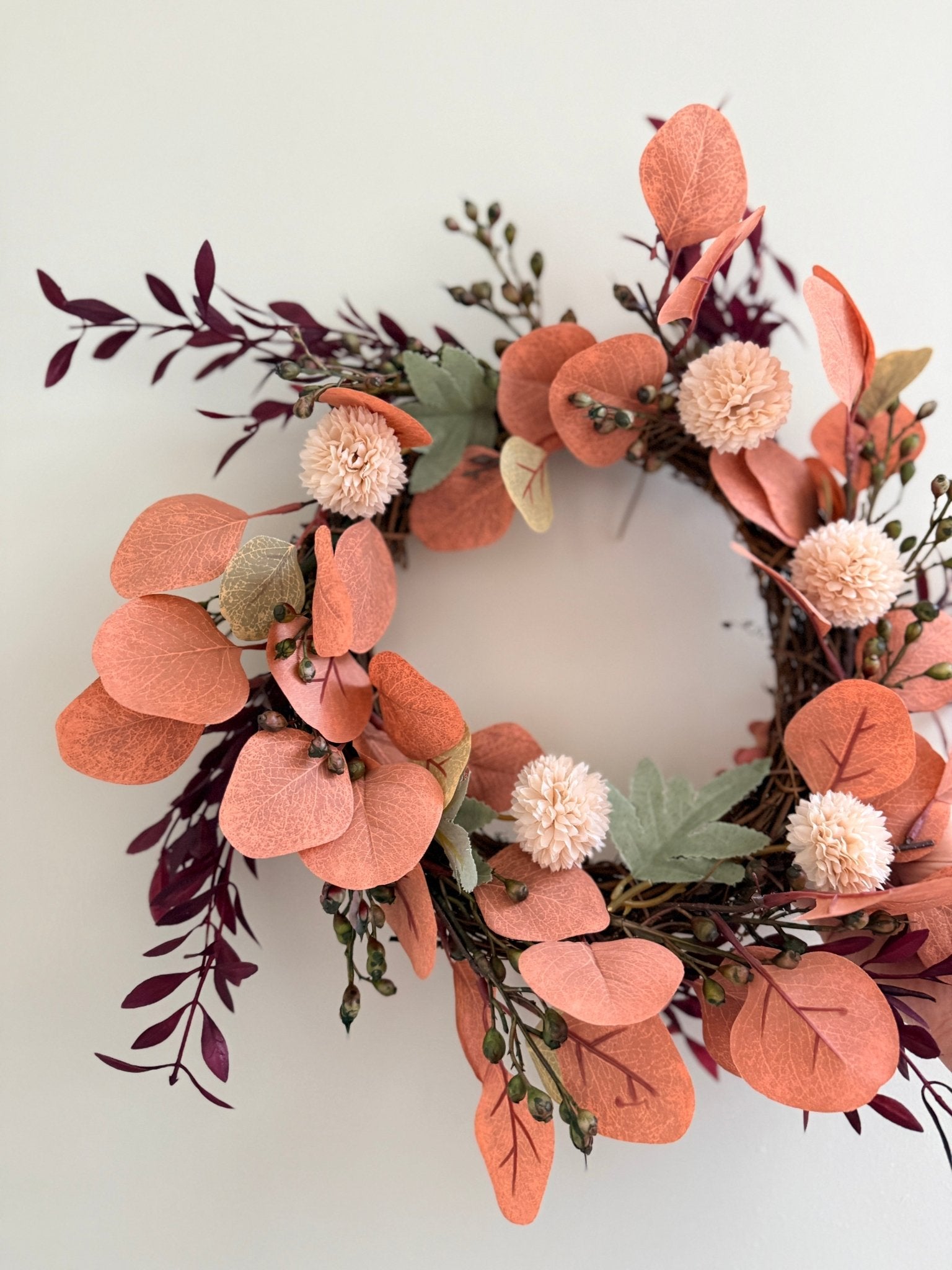 Autumn Eucalyptus Candle Door Wreath – Burnt Orange & Blush Faux Floral Arrangement’s Red - NalaWillowCo