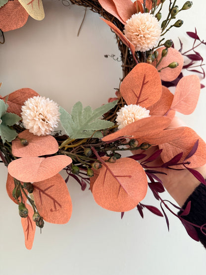 Autumn Eucalyptus Candle Door Wreath – Burnt Orange & Blush Faux Floral Arrangement’s Red - NalaWillowCo