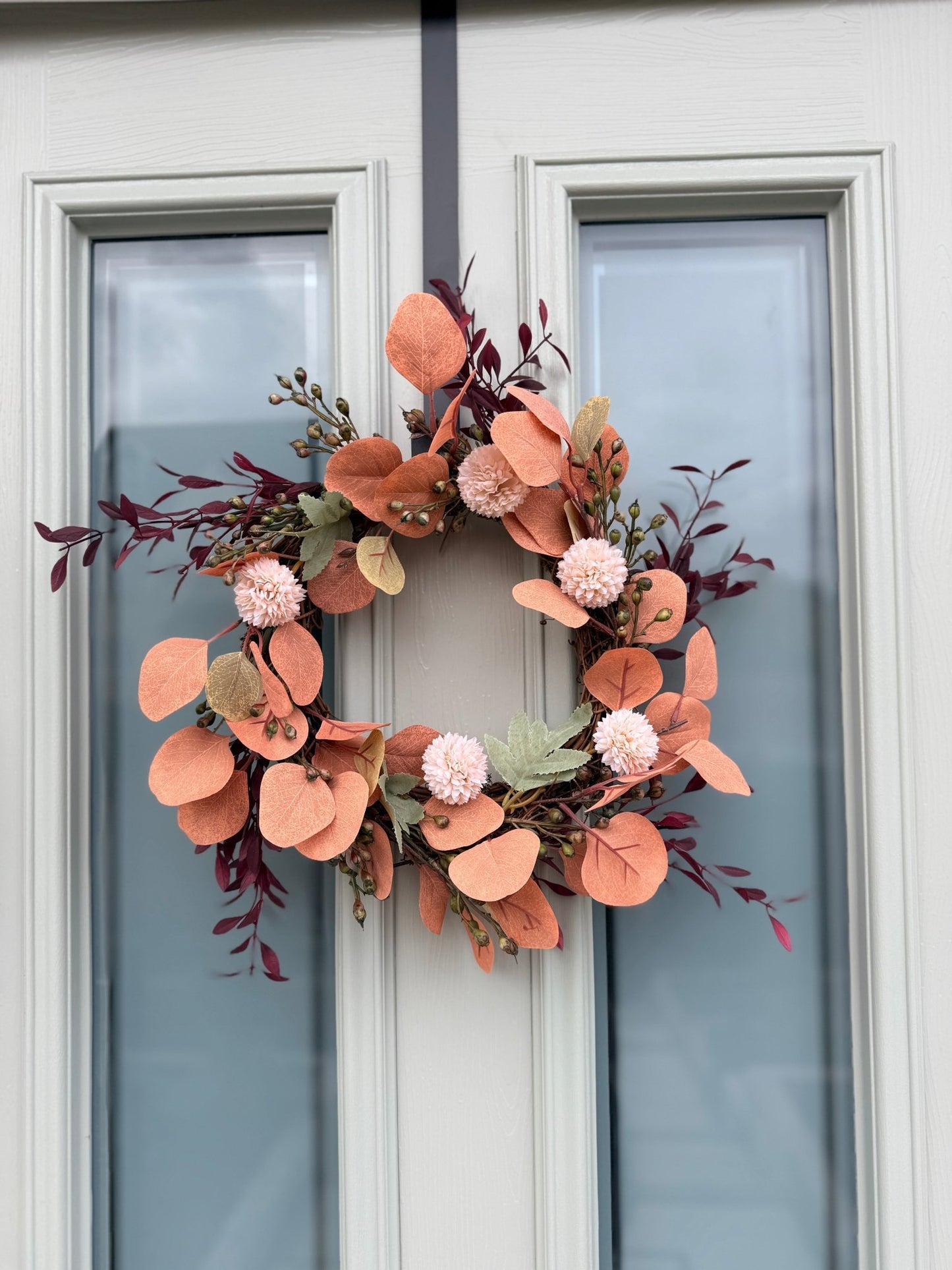 Autumn Eucalyptus Candle Door Wreath – Burnt Orange & Blush Faux Floral Arrangement’s Red - NalaWillowCo