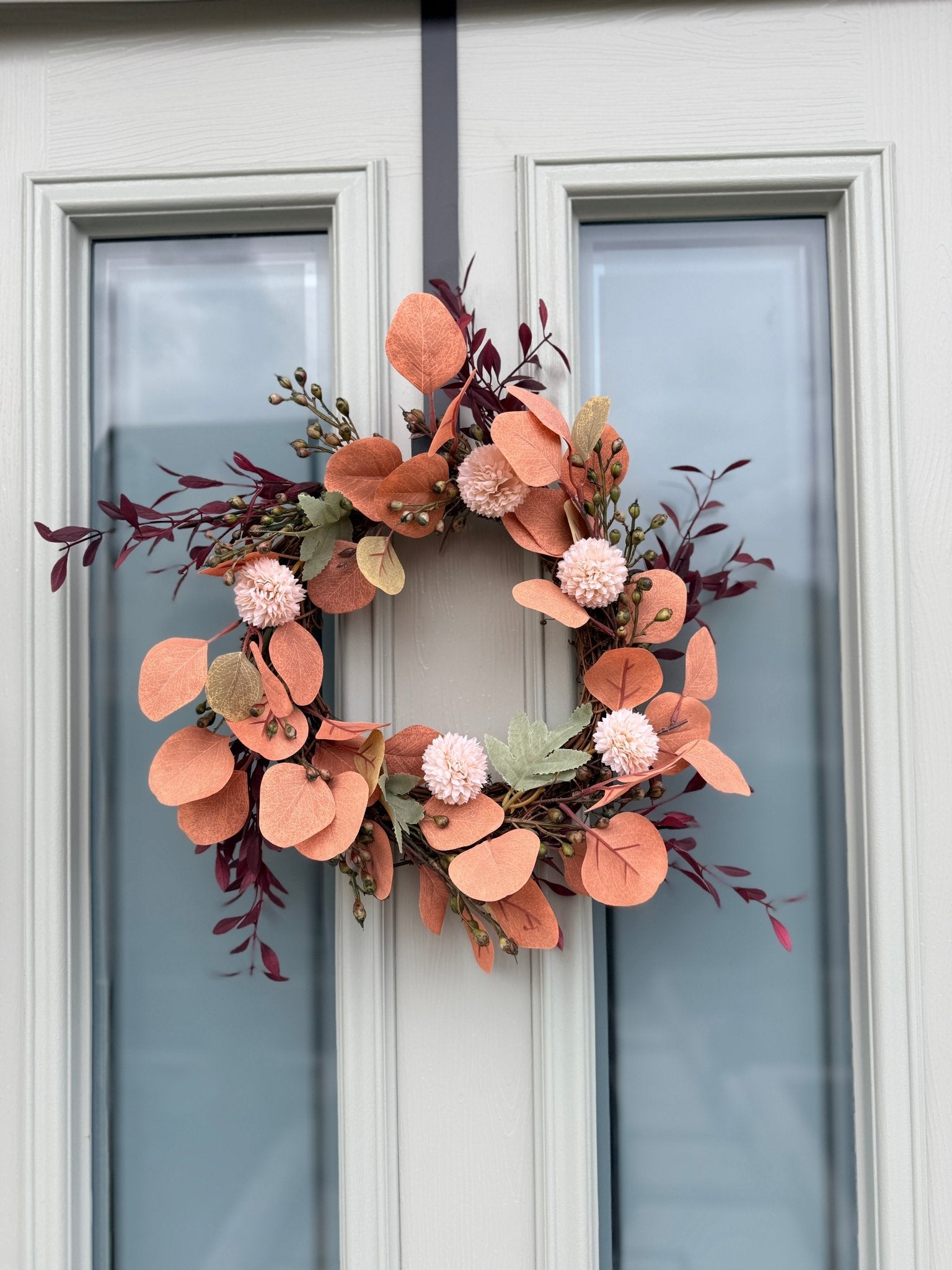Autumn Eucalyptus Candle Door Wreath – Burnt Orange & Blush Faux Floral Arrangement’s Red - NalaWillowCo