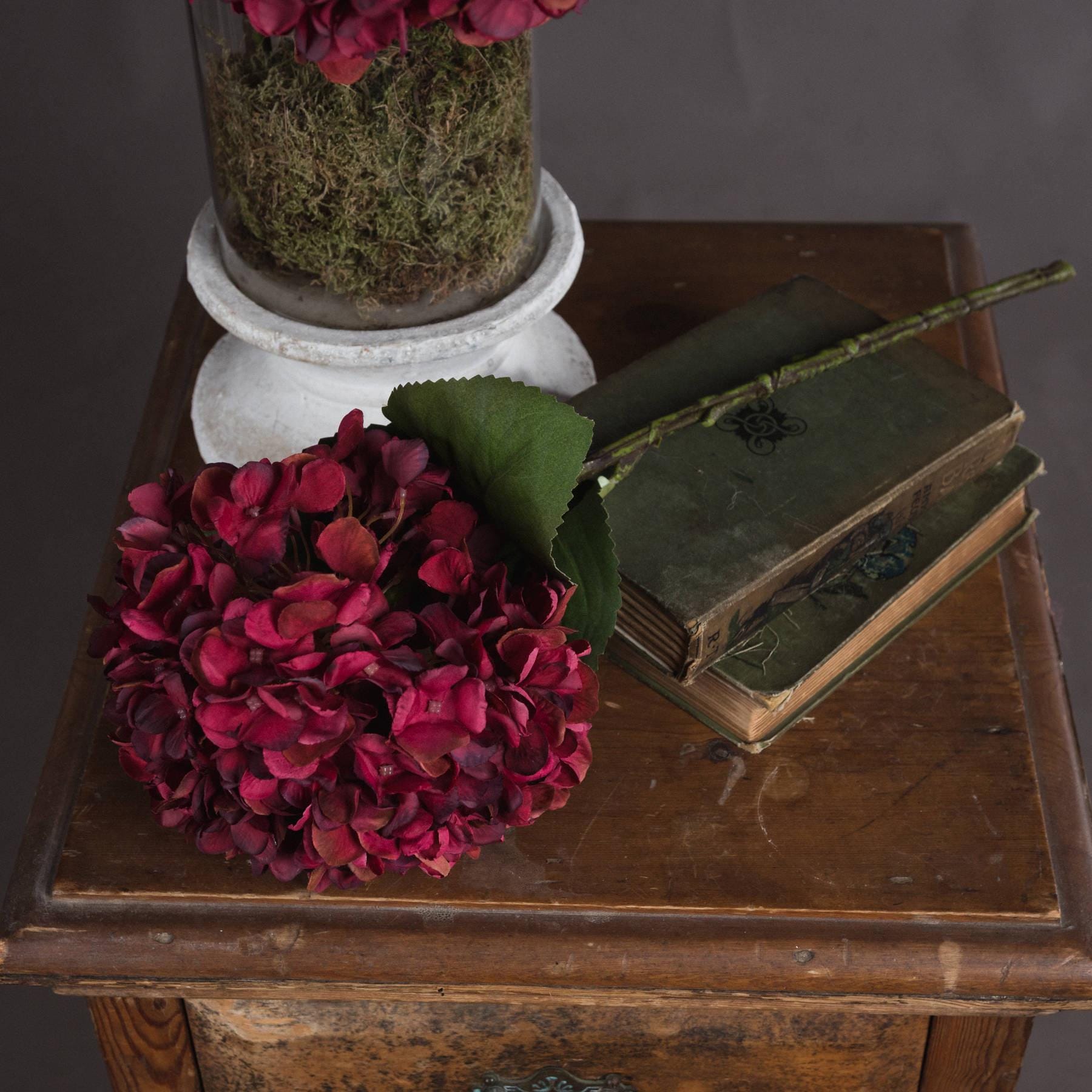 Autumn Ruby Red Burgundy Artificial Hydrangea Stems | 42cm Silk Faux Flowers - NalaWillowCo