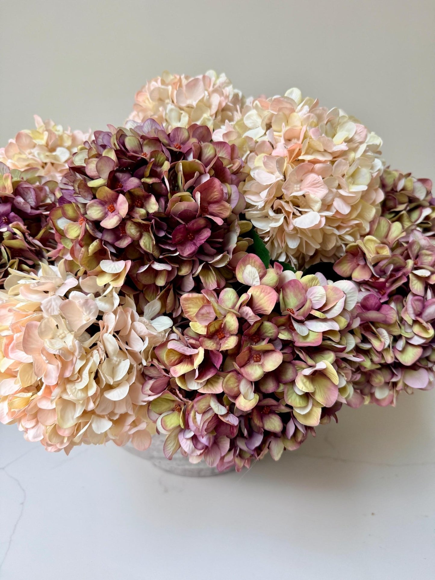 Autumn White, Pink and Burgundy Artificial Hydrangea Stems - NalaWillowCo