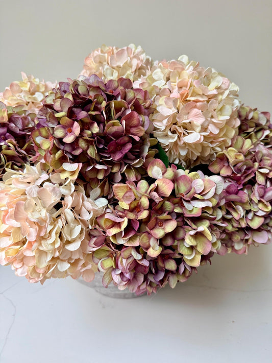 Autumn White, Pink and Burgundy Artificial Hydrangea Stems - NalaWillowCo