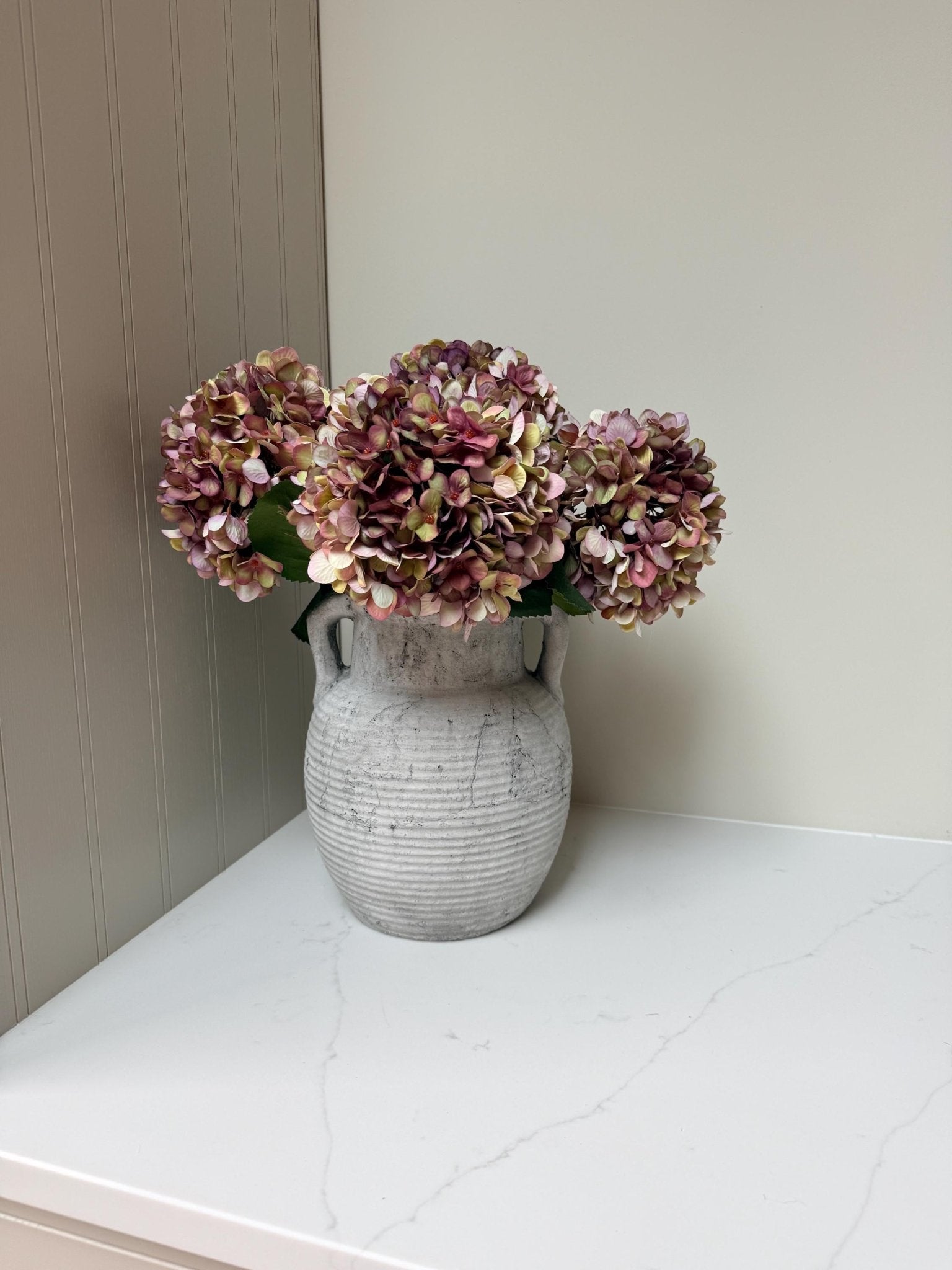 Autumn White, Pink and Burgundy Artificial Hydrangea Stems - NalaWillowCo