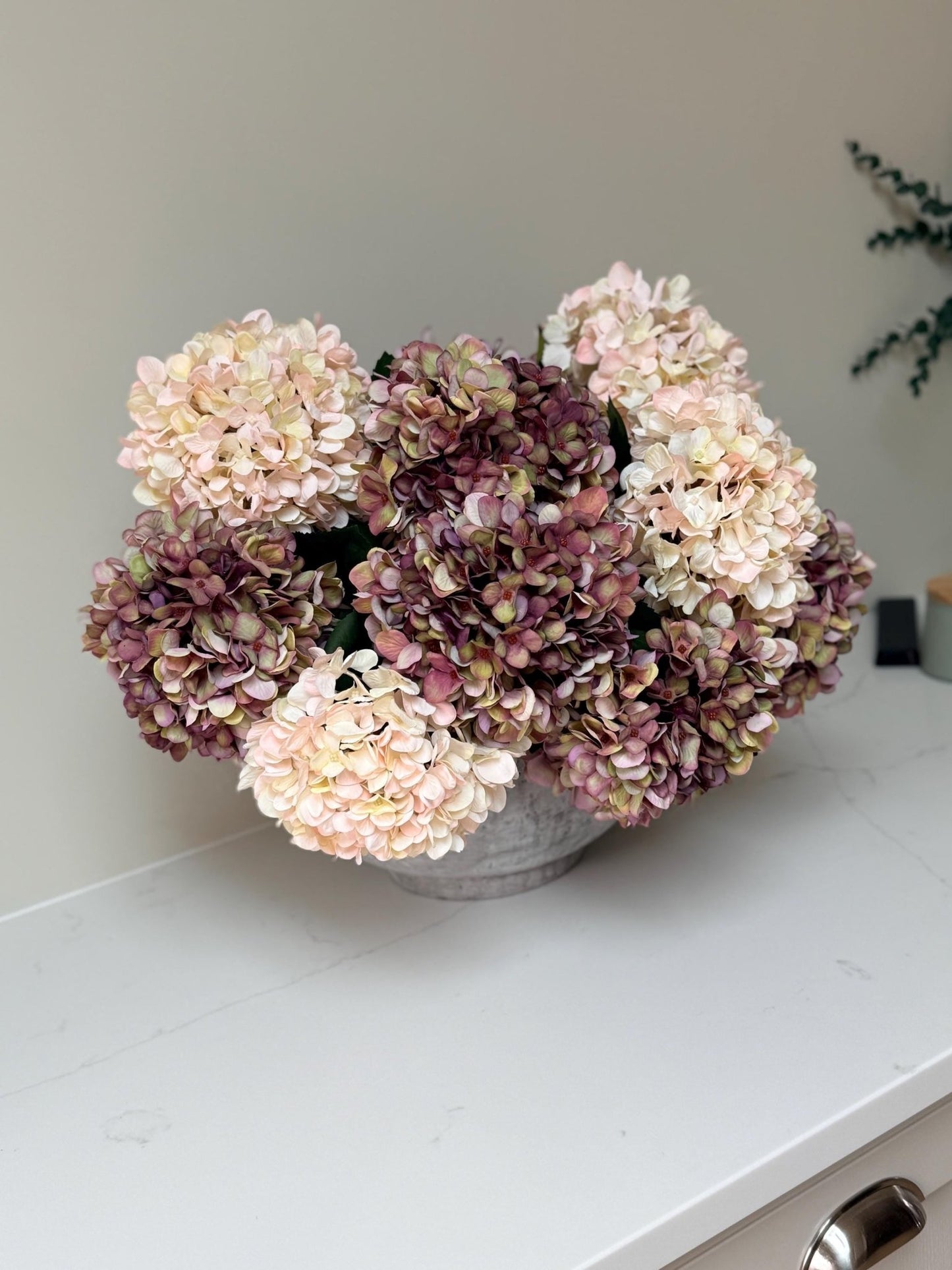 Autumn White, Pink and Burgundy Artificial Hydrangea Stems - NalaWillowCo