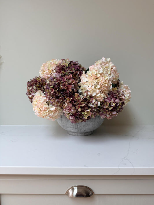 Autumn White, Pink and Burgundy Artificial Hydrangea Stems - NalaWillowCo
