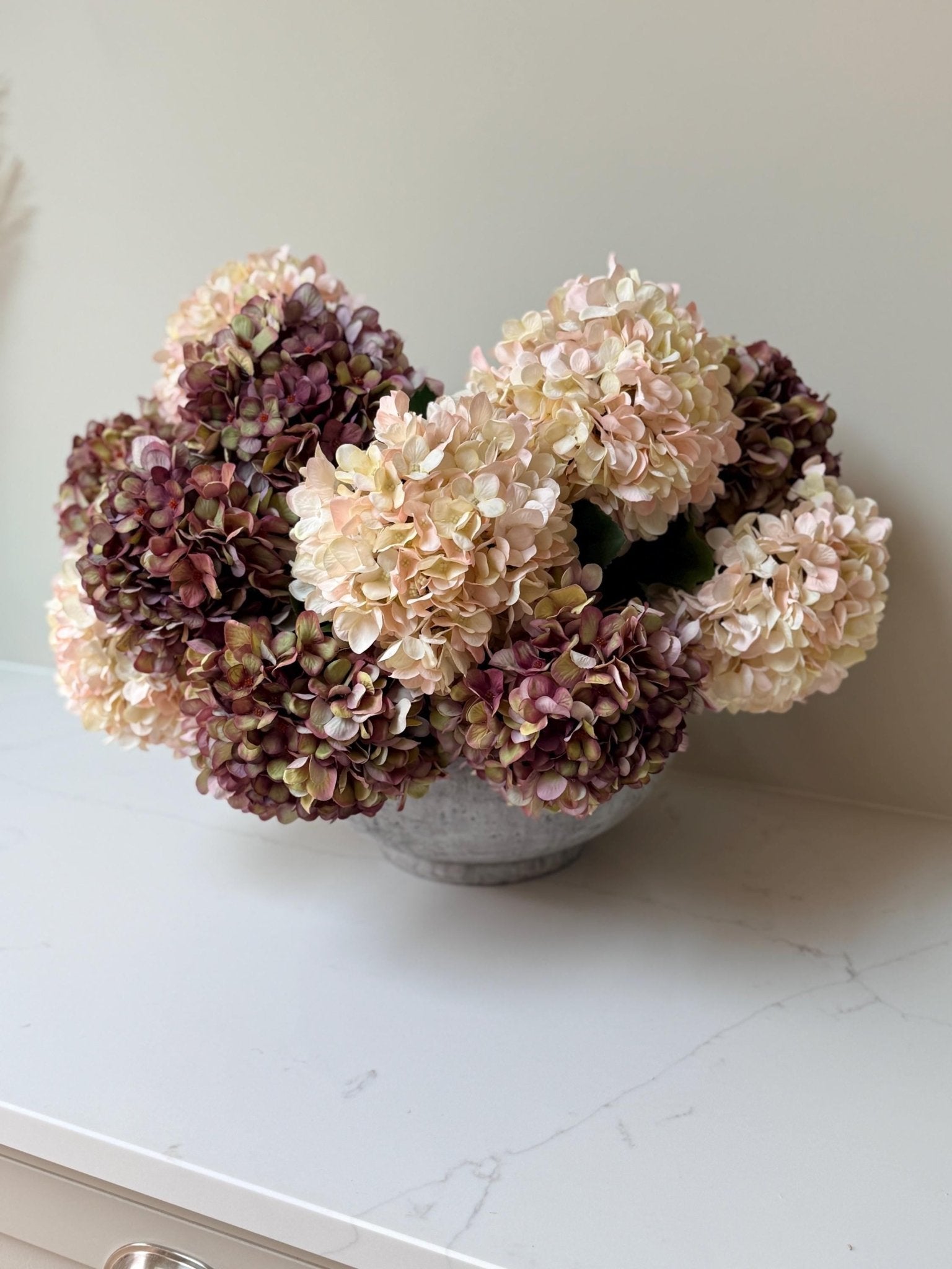 Autumn White, Pink and Burgundy Artificial Hydrangea Stems - NalaWillowCo