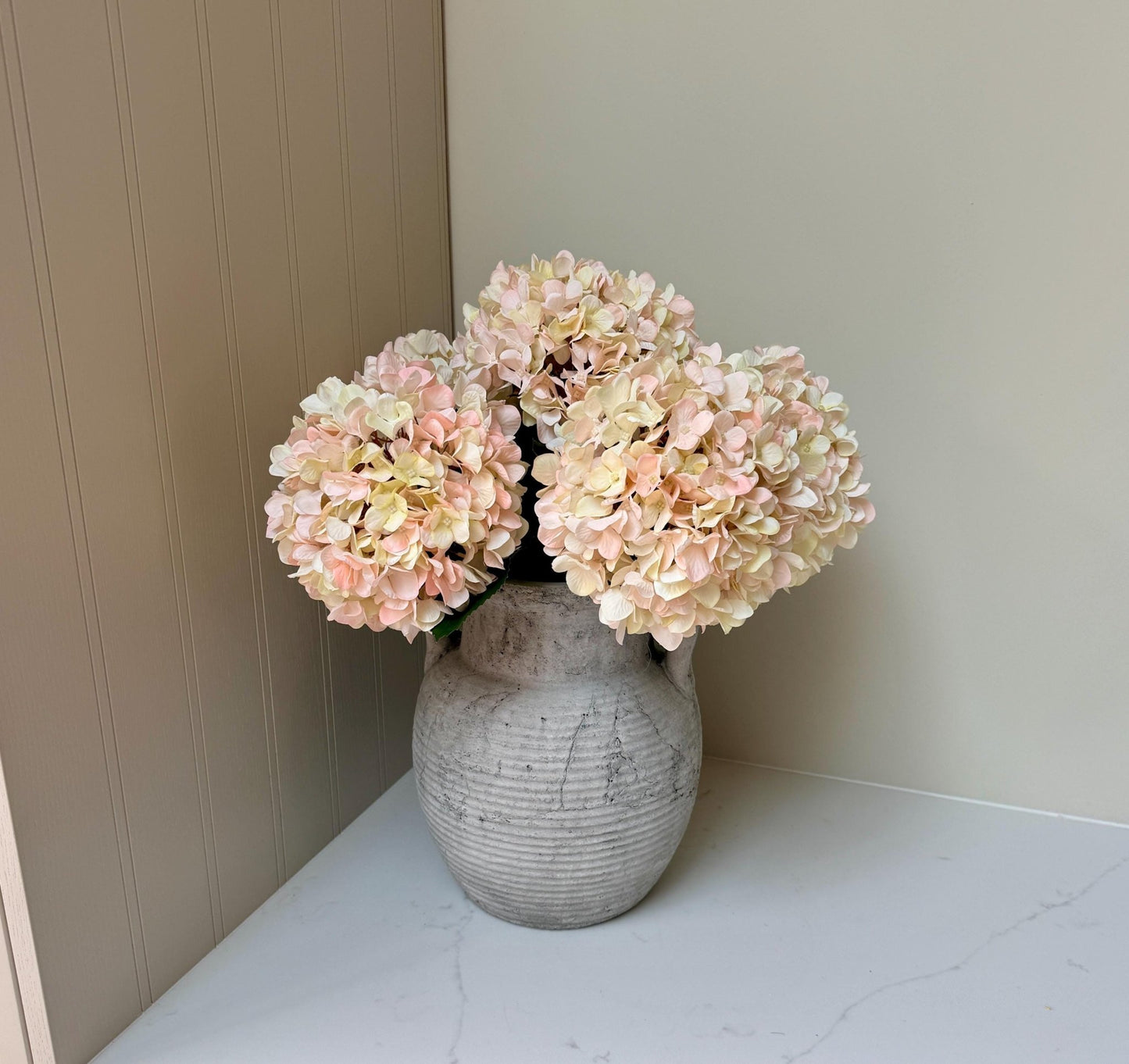 Autumn White with Pink Tone Artificial Hydrangea Stems - NalaWillowCo