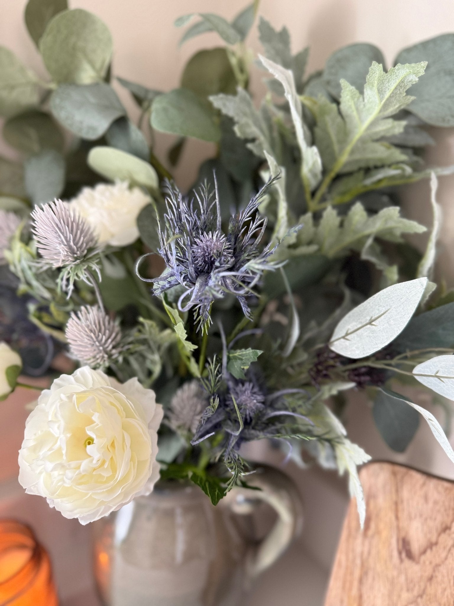 Blue Thistle Winter Faux Flower Bouquet Arrangement - NalaWillowCo
