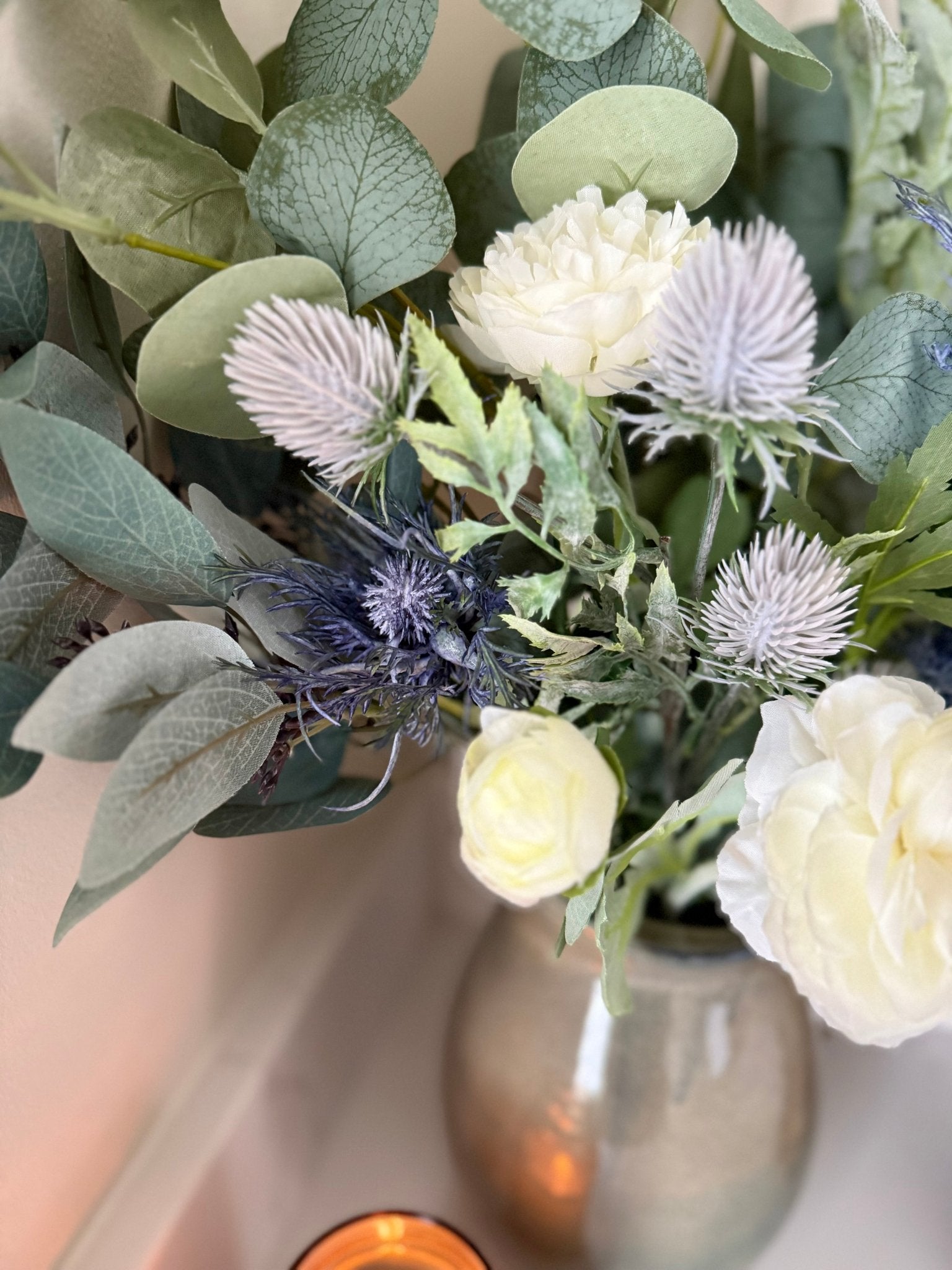 Blue Thistle Winter Faux Flower Bouquet Arrangement - NalaWillowCo