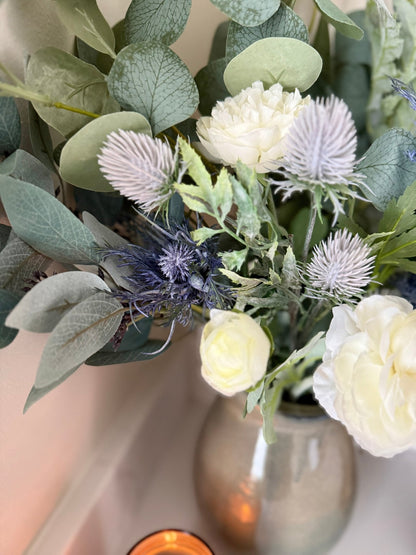 Blue Thistle Winter Faux Flower Bouquet Arrangement - NalaWillowCo