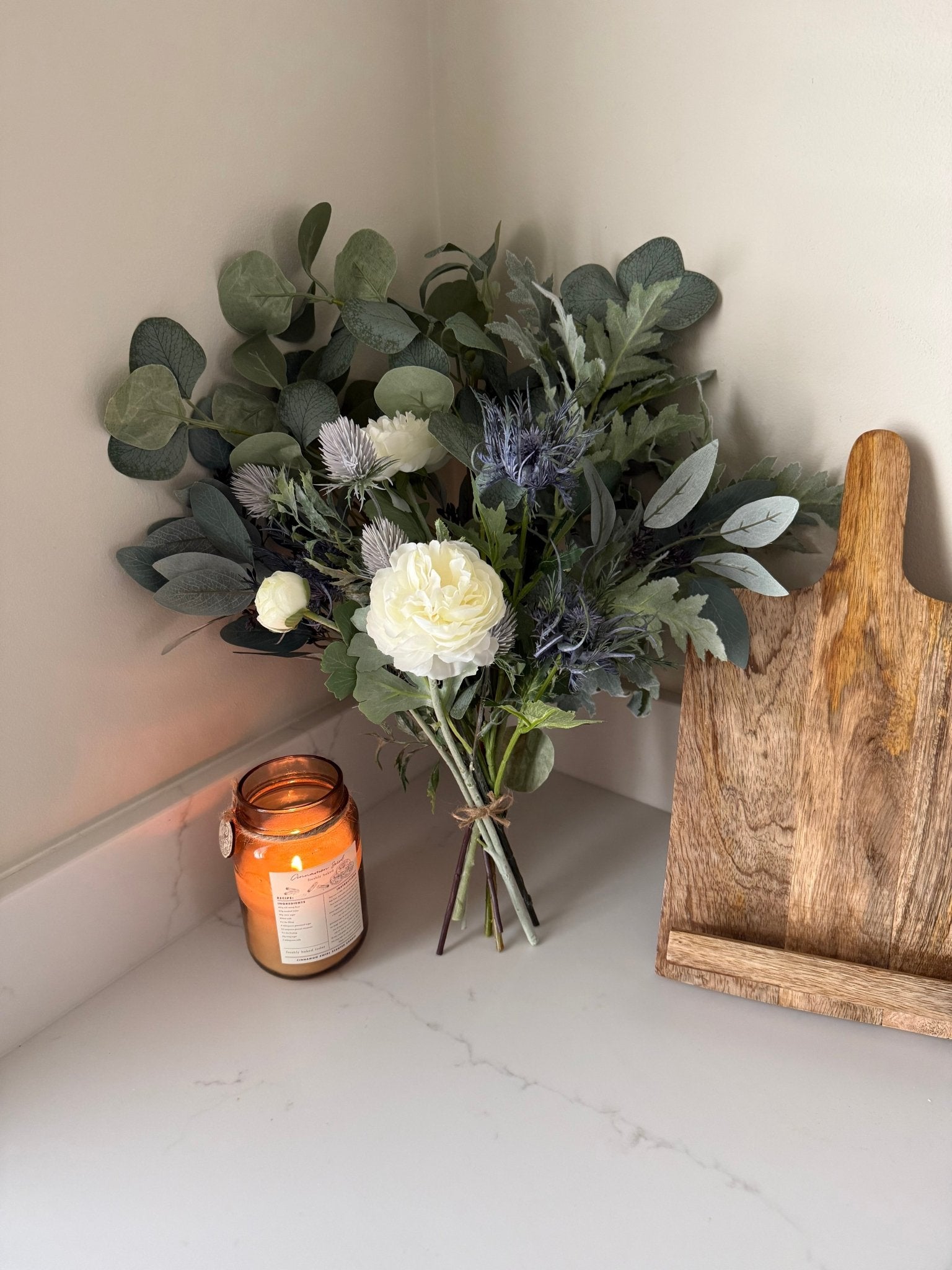 Blue Thistle Winter Faux Flower Bouquet Arrangement - NalaWillowCo