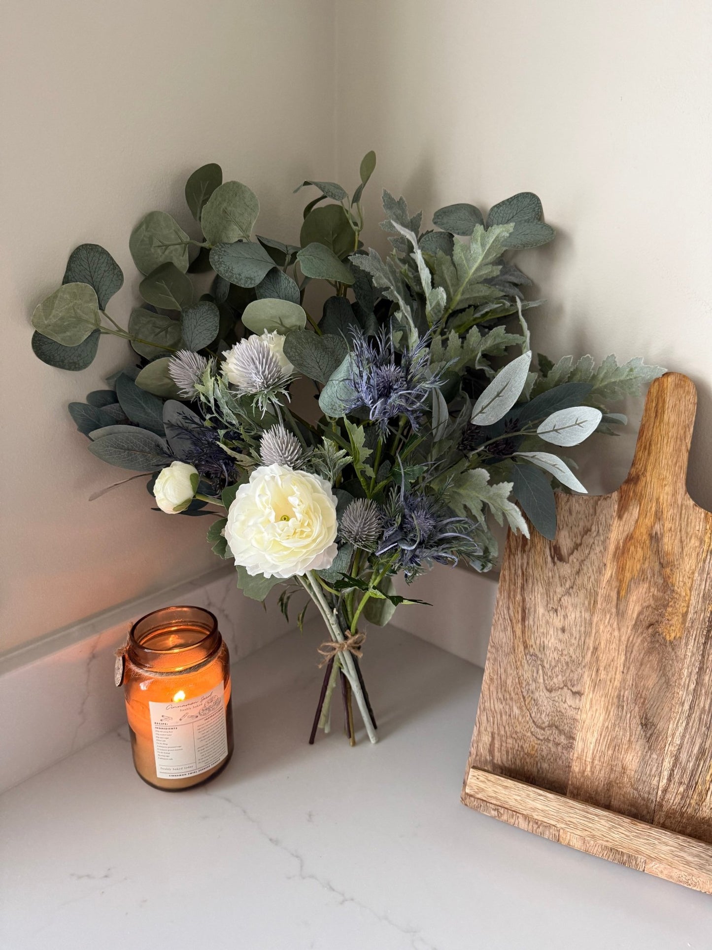 Blue Thistle Winter Faux Flower Bouquet Arrangement - NalaWillowCo