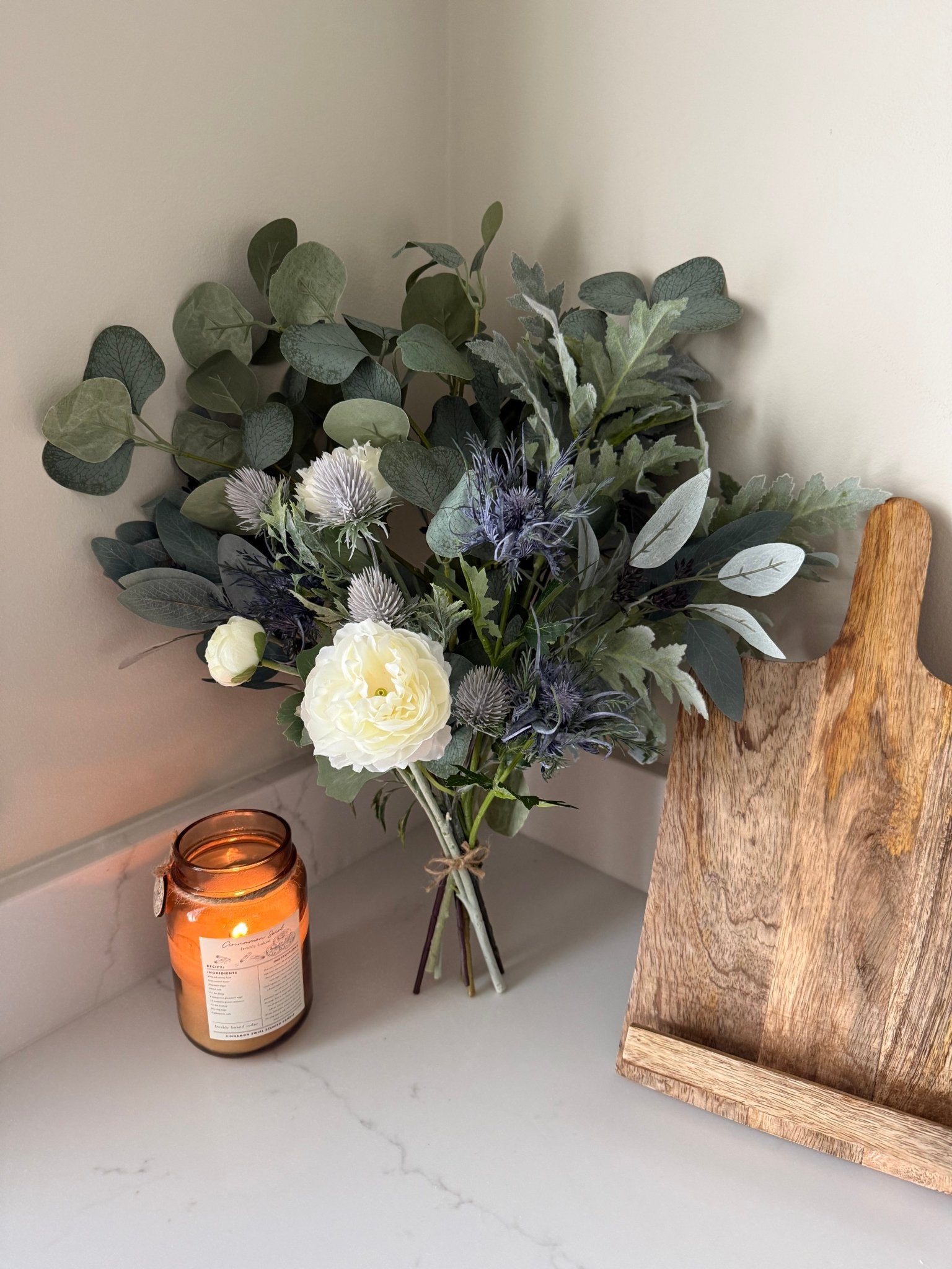 Blue Thistle Winter Faux Flower Bouquet Arrangement - NalaWillowCo