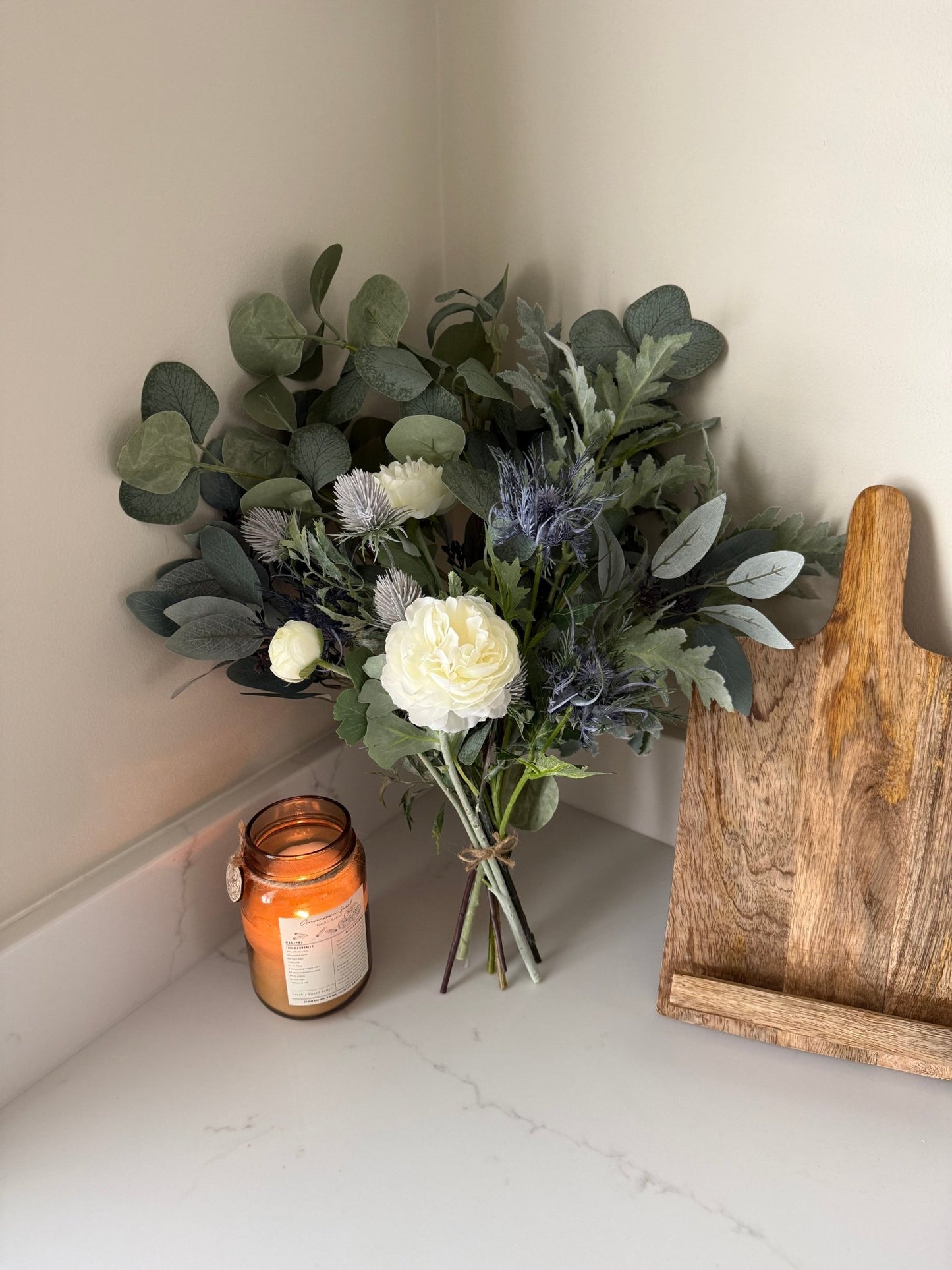 Blue Thistle Winter Faux Flower Bouquet Arrangement - NalaWillowCo