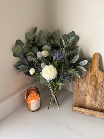 Blue Thistle Winter Faux Flower Bouquet Arrangement - NalaWillowCo