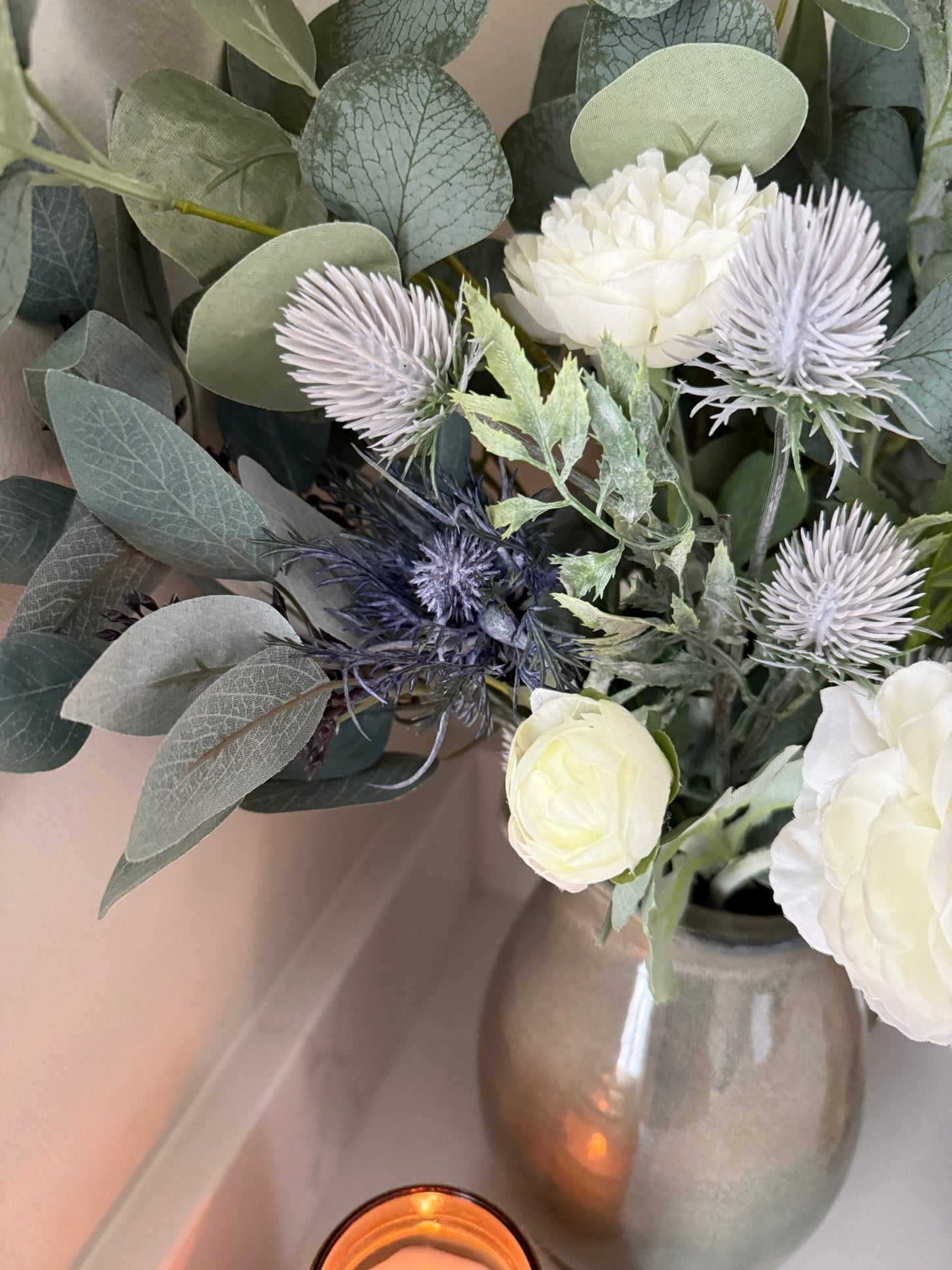 Blue Thistle Winter Faux Flower Bouquet Arrangement - NalaWillowCo