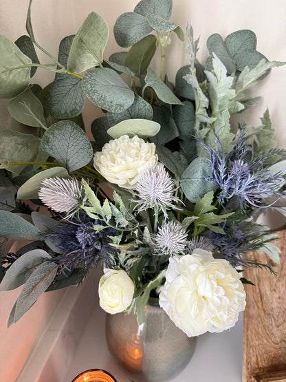 Blue Thistle Winter Faux Flower Bouquet Arrangement - NalaWillowCo