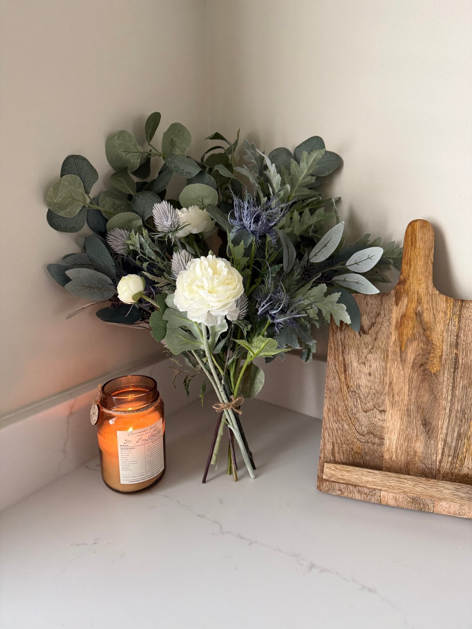Blue Thistle Winter Faux Flower Bouquet Arrangement - NalaWillowCo