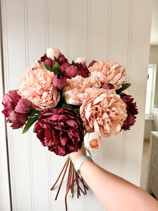 Burgundy and Pale Pink Peony Realistic Artificial Faux Silk Flower Stem - NalaWillowCo