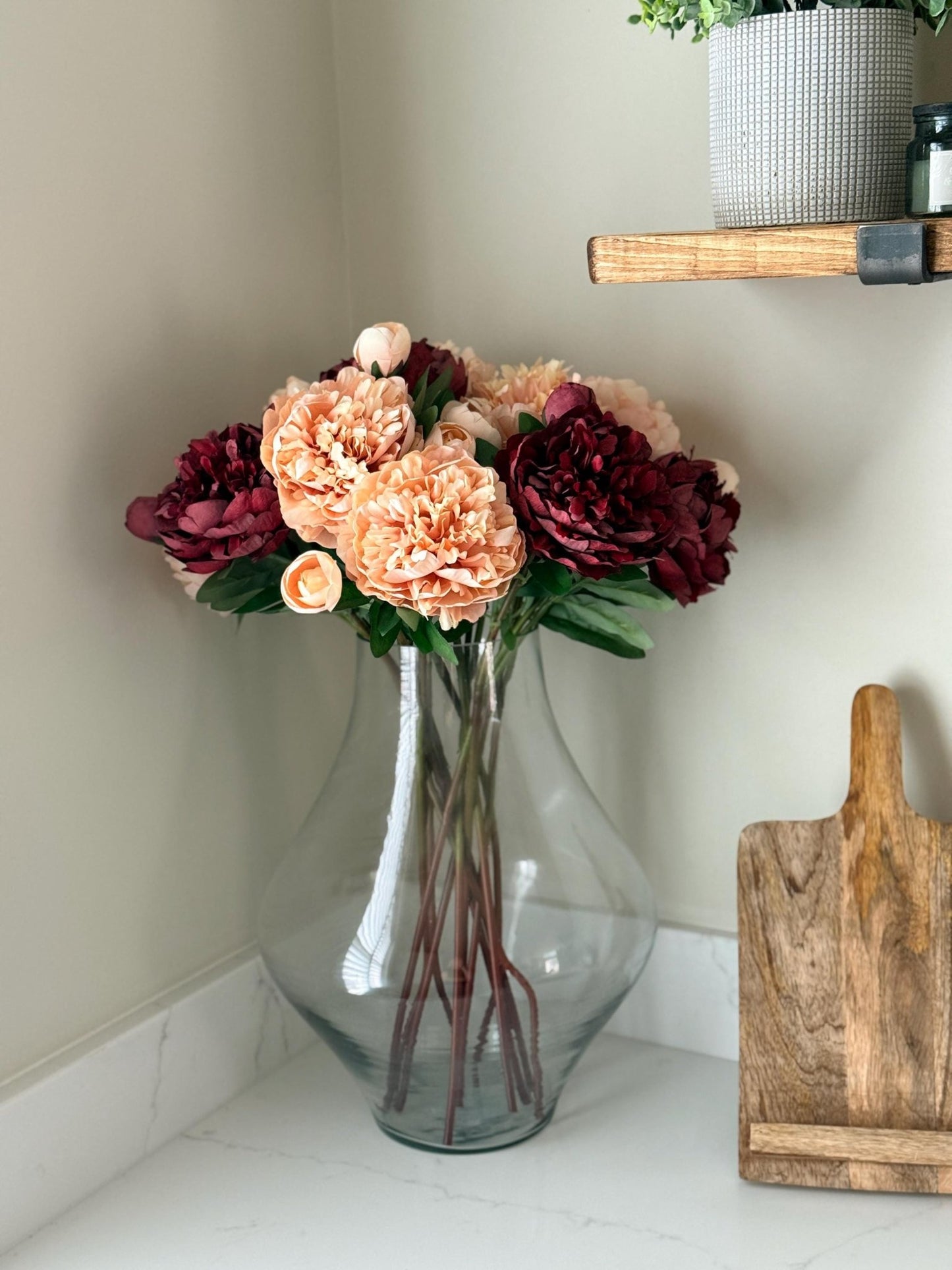 Burgundy and Pale Pink Peony Realistic Artificial Faux Silk Flower Stem - NalaWillowCo