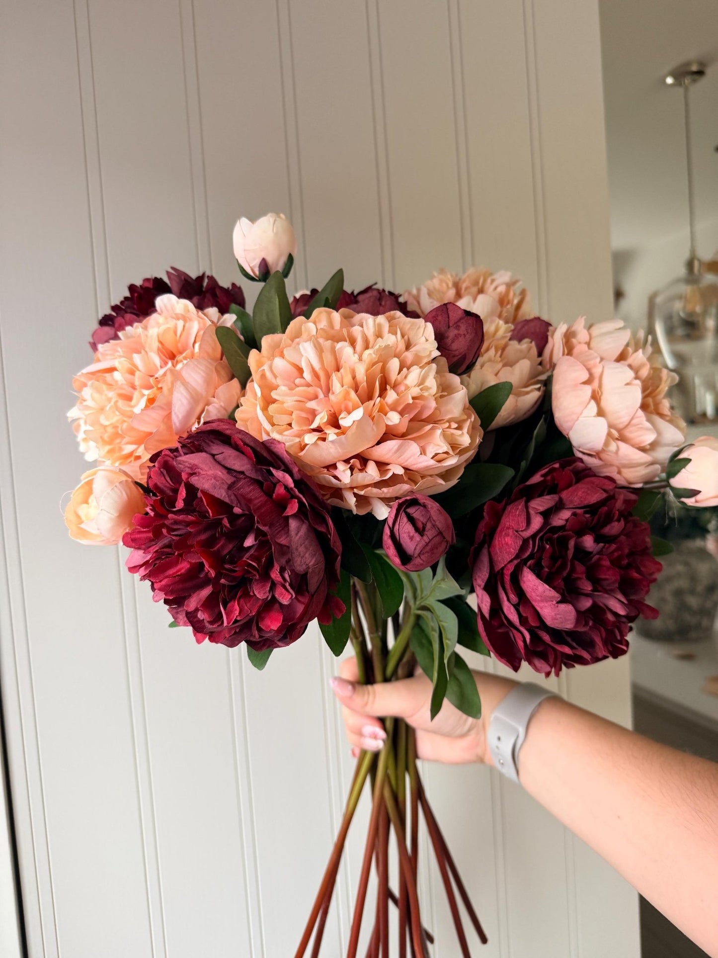 Burgundy and Pale Pink Peony Realistic Artificial Faux Silk Flower Stem - NalaWillowCo