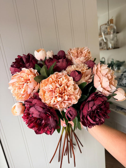 Burgundy and Pale Pink Peony Realistic Artificial Faux Silk Flower Stem - NalaWillowCo