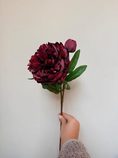 Burgundy Peony Realistic Artificial Faux Flower Stem - NalaWillowCo