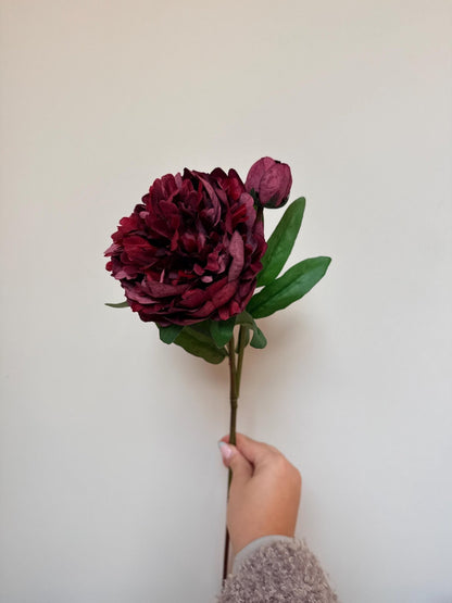 Burgundy Peony Realistic Artificial Faux Flower Stem - NalaWillowCo