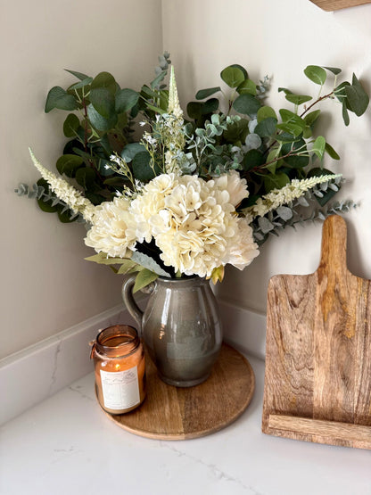 Charlotte White Faux Flower Bouquet – Hydrangea & Peony Arrangement | Elegant Wedding Bouquet | Neutral Home Decor | Eucalyptus Stems - NalaWillowCo