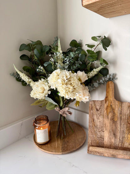Charlotte White Faux Flower Bouquet – Hydrangea & Peony Arrangement | Elegant Wedding Bouquet | Neutral Home Decor | Eucalyptus Stems - NalaWillowCo