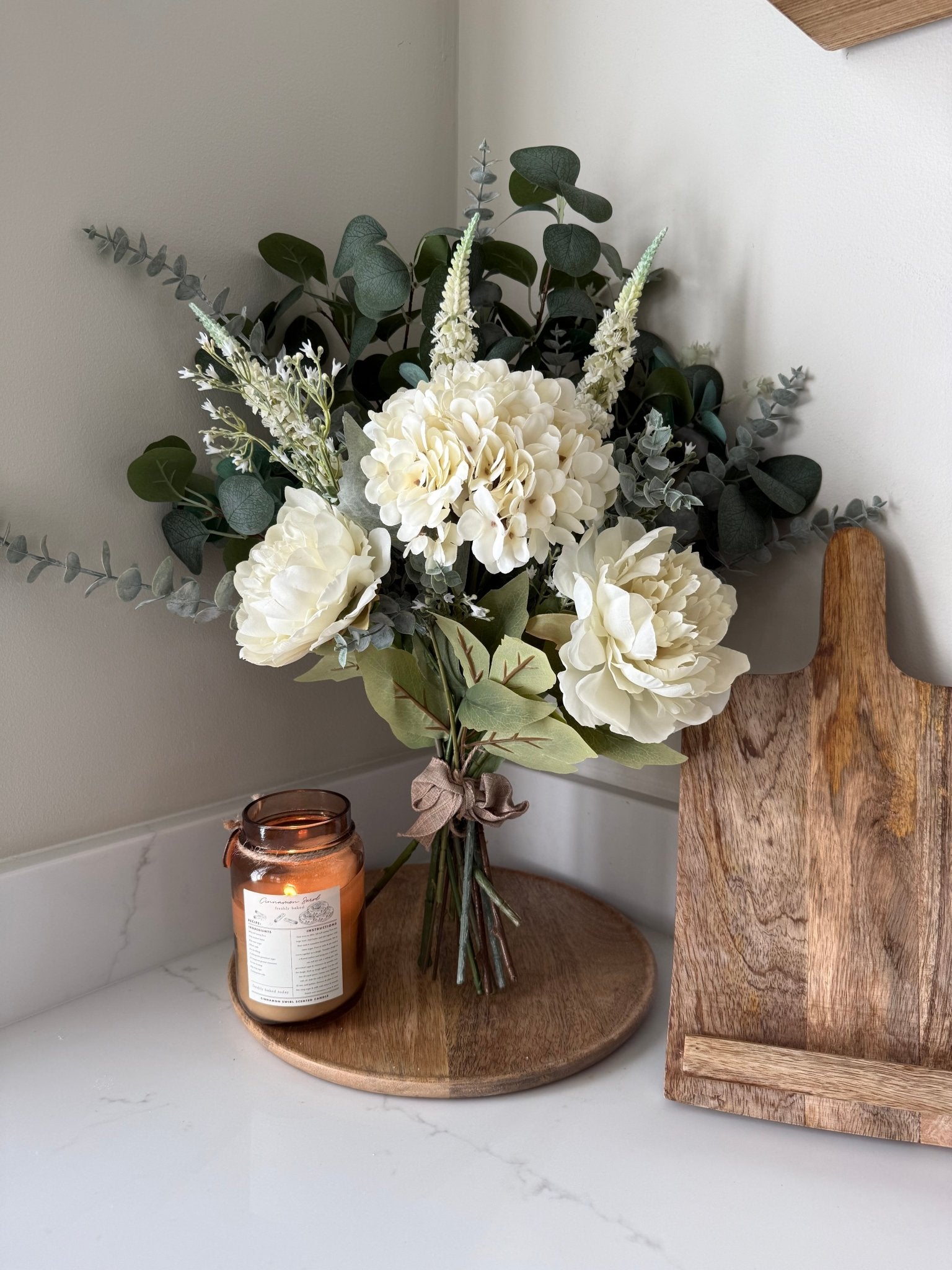 Charlotte White Faux Flower Bouquet – Hydrangea & Peony Arrangement | Elegant Wedding Bouquet | Neutral Home Decor | Eucalyptus Stems - NalaWillowCo