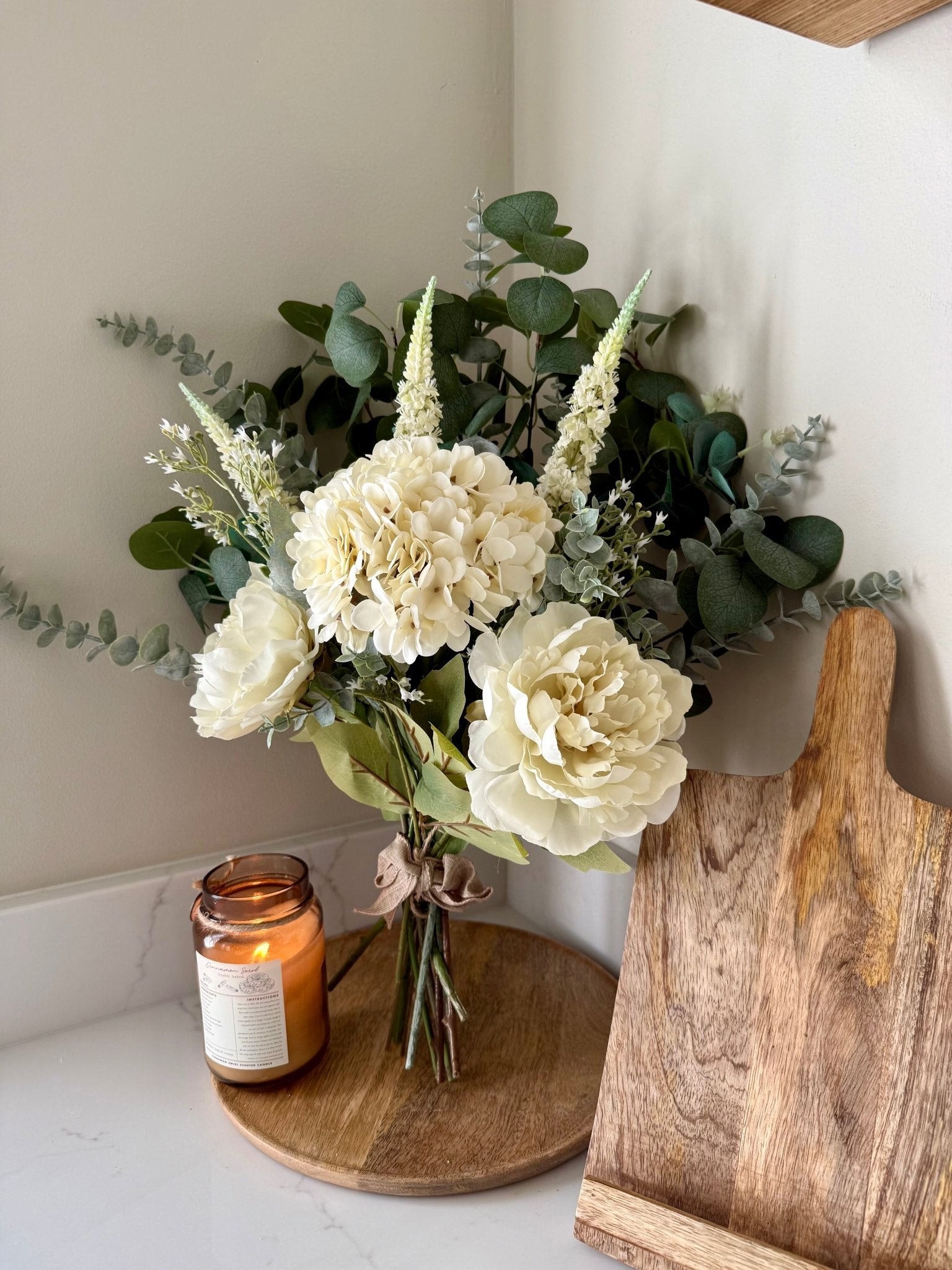 Charlotte White Faux Flower Bouquet – Hydrangea & Peony Arrangement | Elegant Wedding Bouquet | Neutral Home Decor | Eucalyptus Stems - NalaWillowCo