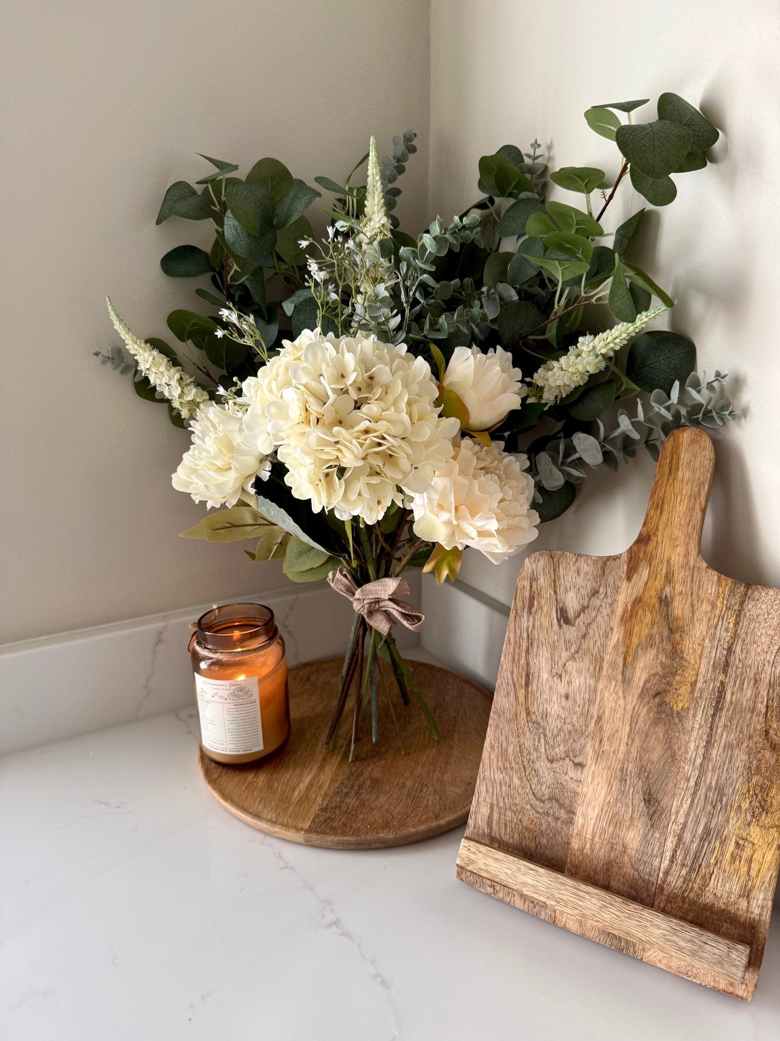 Charlotte White Faux Flower Bouquet – Hydrangea & Peony Arrangement | Elegant Wedding Bouquet | Neutral Home Decor | Eucalyptus Stems - NalaWillowCo