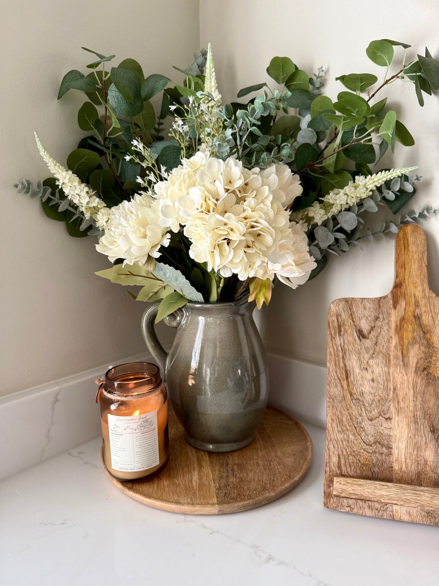 Charlotte White Faux Flower Bouquet – Hydrangea & Peony Arrangement | Elegant Wedding Bouquet | Neutral Home Decor | Eucalyptus Stems - NalaWillowCo