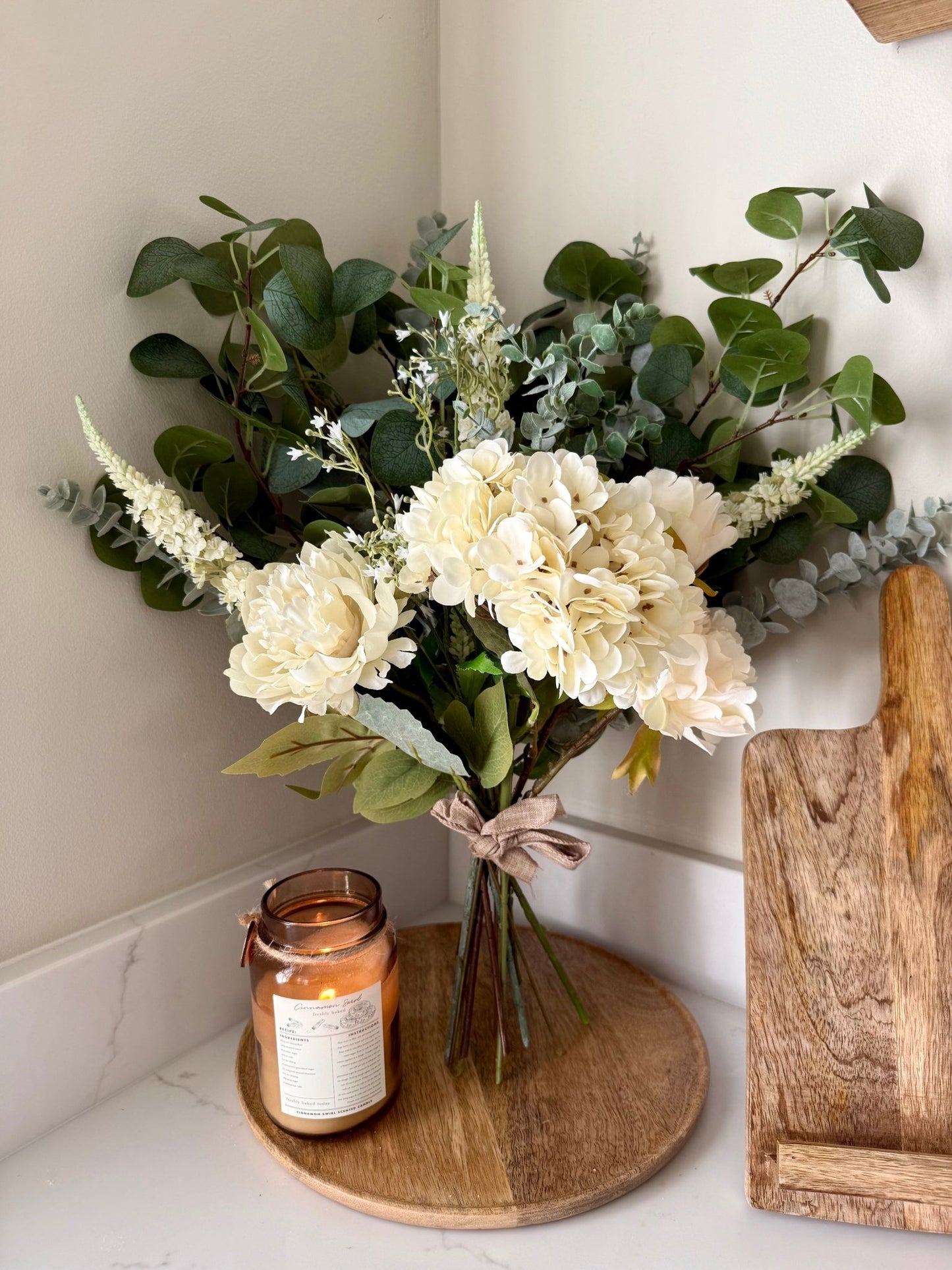 Charlotte White Faux Flower Bouquet – Hydrangea & Peony Arrangement | Elegant Wedding Bouquet | Neutral Home Decor | Eucalyptus Stems - NalaWillowCo