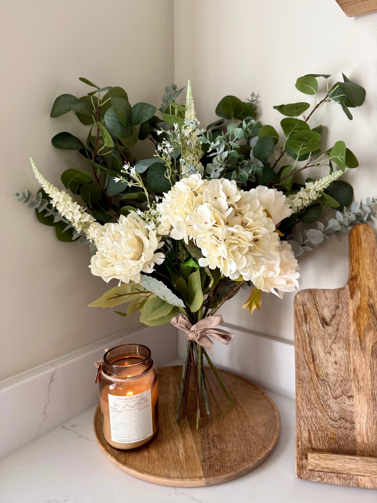 Charlotte White Faux Flower Bouquet – Hydrangea & Peony Arrangement | Elegant Wedding Bouquet | Neutral Home Decor | Eucalyptus Stems - NalaWillowCo