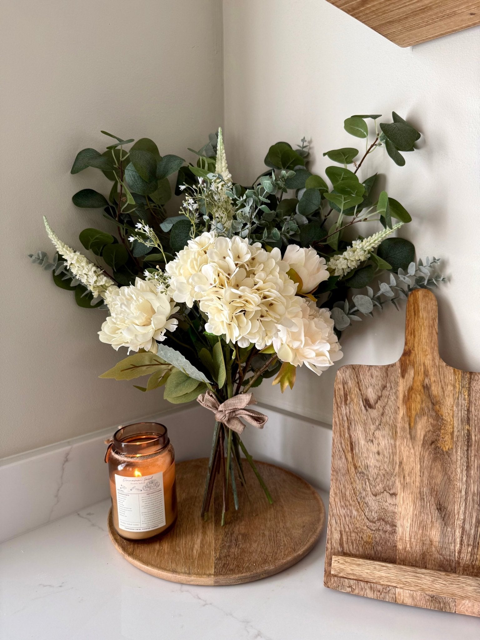 Charlotte White Faux Flower Bouquet – Hydrangea & Peony Arrangement | Elegant Wedding Bouquet | Neutral Home Decor | Eucalyptus Stems - NalaWillowCo