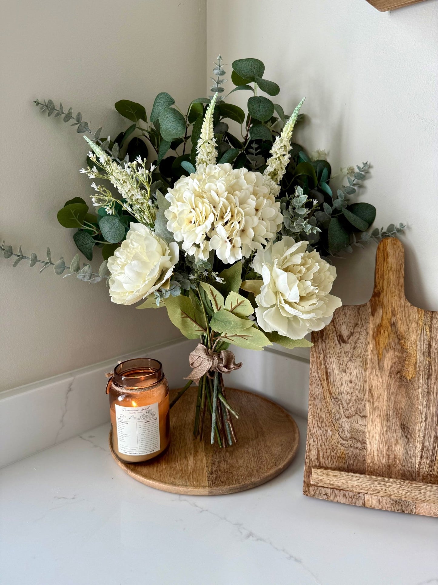 Charlotte White Faux Flower Bouquet – Hydrangea & Peony Arrangement | Elegant Wedding Bouquet | Neutral Home Decor | Eucalyptus Stems - NalaWillowCo