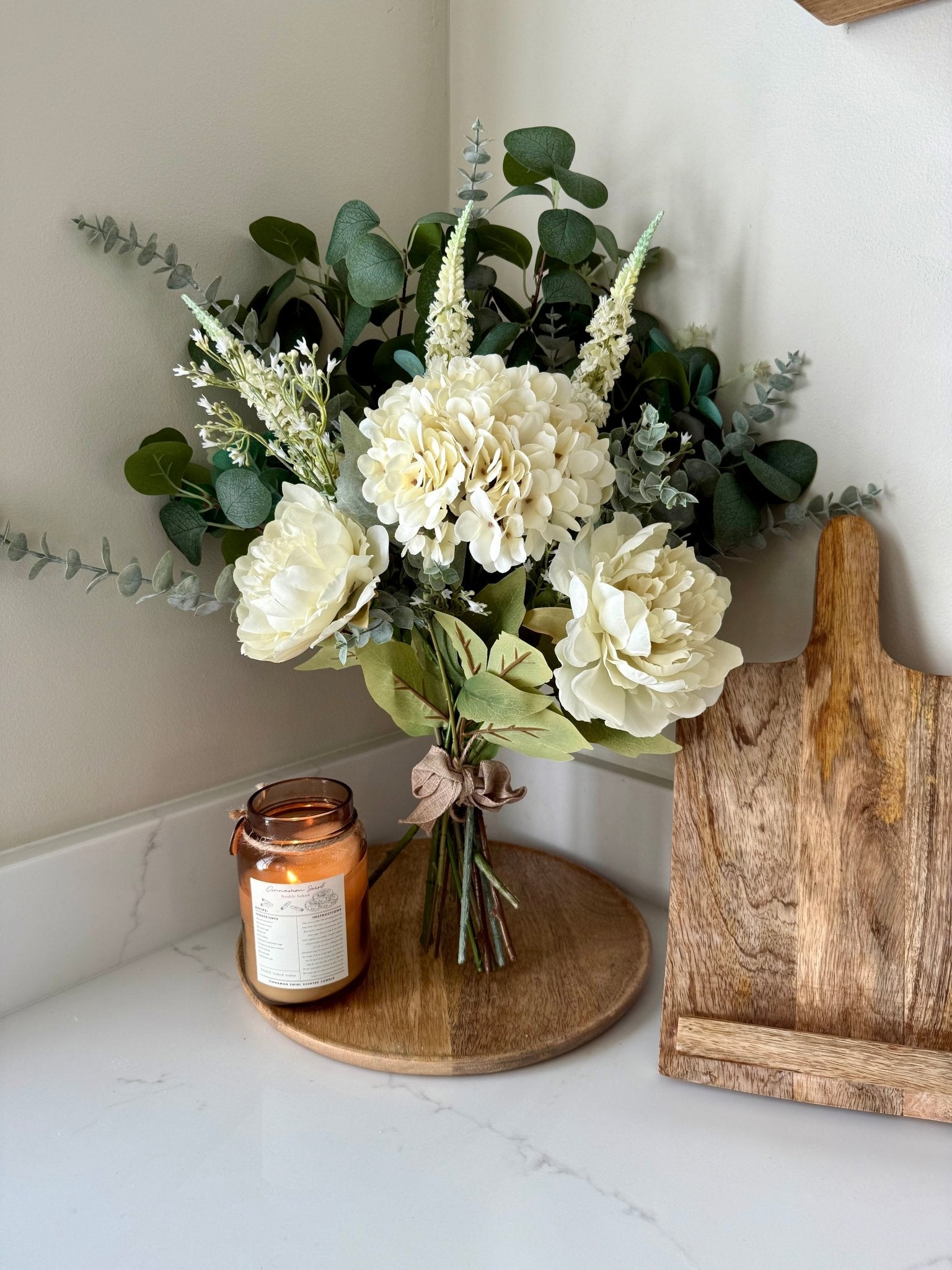 Charlotte White Faux Flower Bouquet – Hydrangea & Peony Arrangement | Elegant Wedding Bouquet | Neutral Home Decor | Eucalyptus Stems - NalaWillowCo