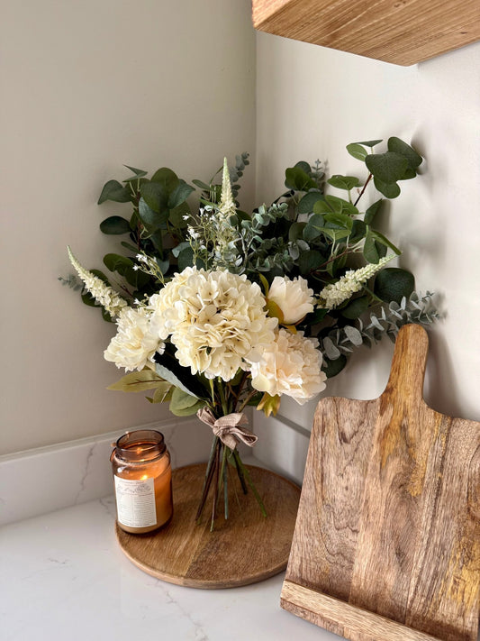 Charlotte White Faux Flower Bouquet – Hydrangea & Peony Arrangement | Elegant Wedding Bouquet | Neutral Home Decor | Eucalyptus Stems - NalaWillowCo