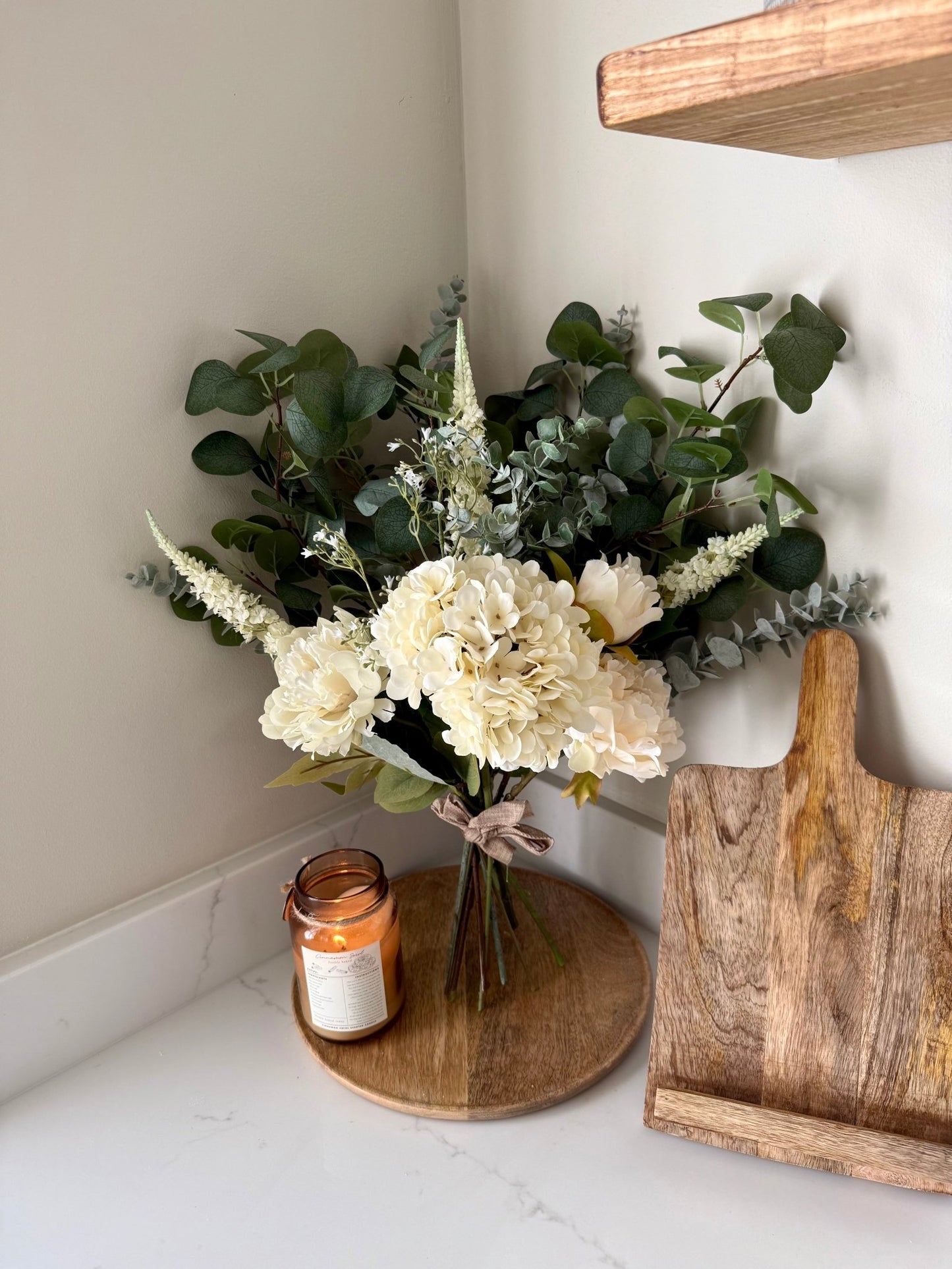 Charlotte White Faux Flower Bouquet – Hydrangea & Peony Arrangement | Elegant Wedding Bouquet | Neutral Home Decor | Eucalyptus Stems - NalaWillowCo