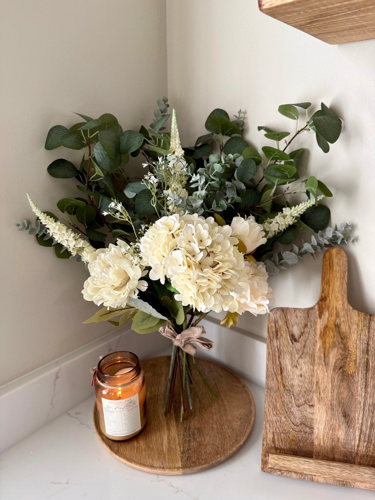 Charlotte White Faux Flower Bouquet – Hydrangea & Peony Arrangement | Elegant Wedding Bouquet | Neutral Home Decor | Eucalyptus Stems - NalaWillowCo