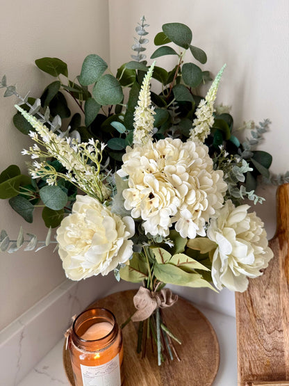 Charlotte White Faux Flower Bouquet – Hydrangea & Peony Arrangement | Elegant Wedding Bouquet | Neutral Home Decor | Eucalyptus Stems - NalaWillowCo