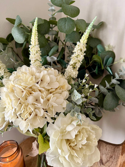 Charlotte White Faux Flower Bouquet – Hydrangea & Peony Arrangement | Elegant Wedding Bouquet | Neutral Home Decor | Eucalyptus Stems - NalaWillowCo